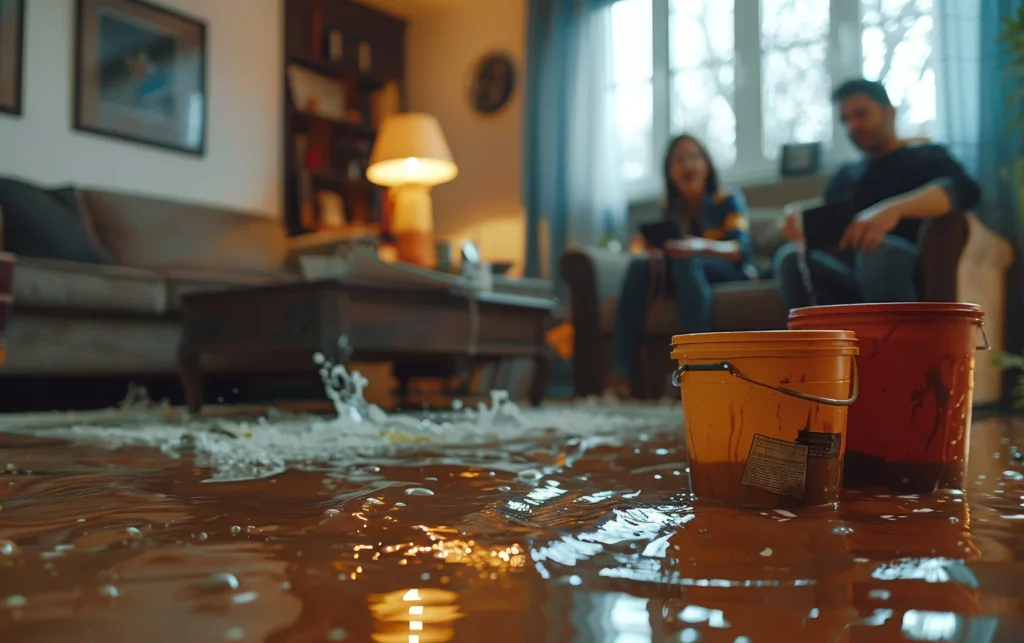 una sala de estar inundada con cubos despues de una fuga de agua 1